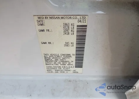 2021 Nissan Altima Sv Fwd из США, поврежденный, VIN 1N4BL4DV5MN385342